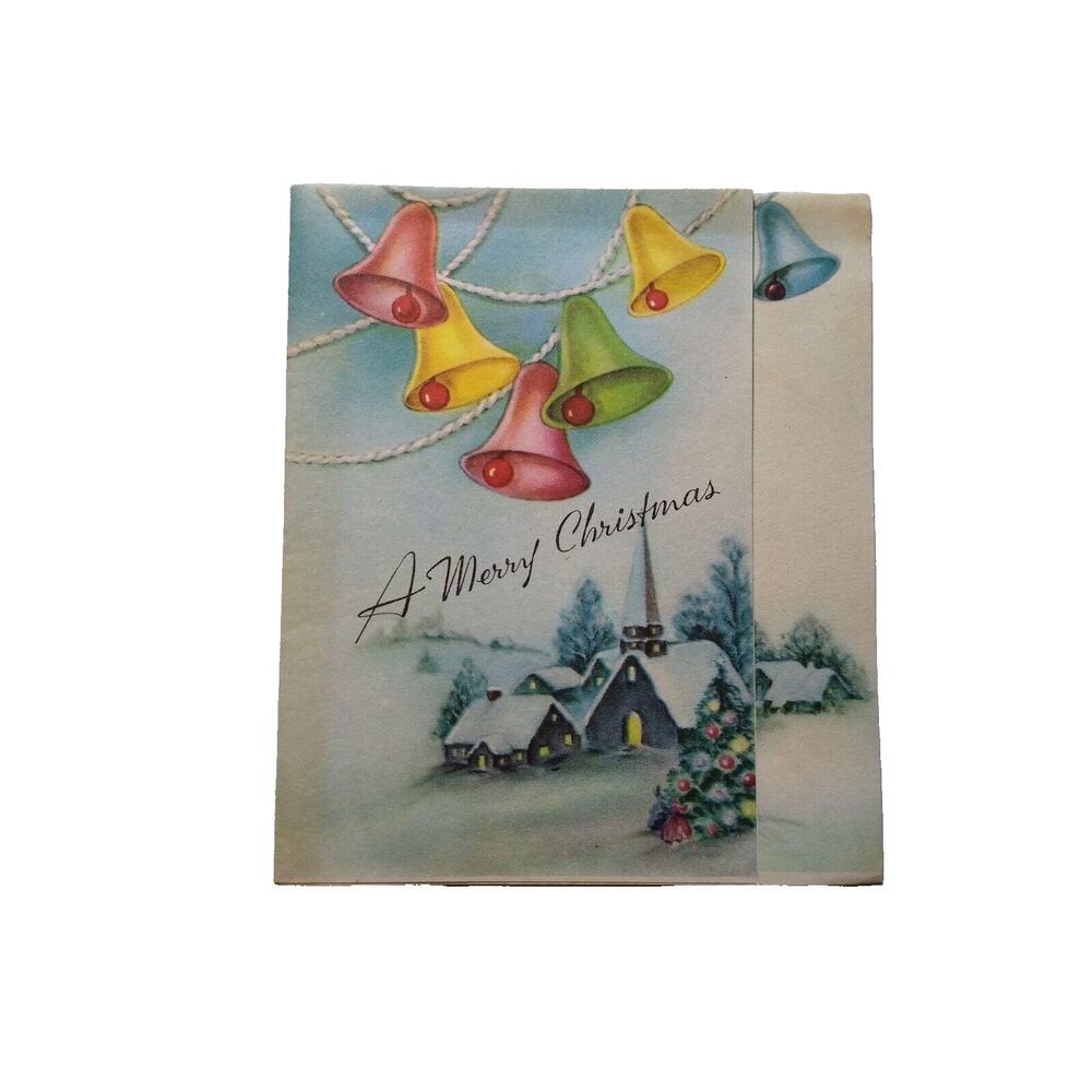Merry Christmas Greeting Card Vintage Bells Church Mid Century Modern 1946